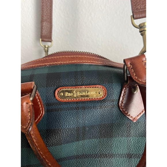 Polo Ralph Lauren Plaid Satchel Bag Leather Trim Crossbody Top Handle - Picture 2 of 10